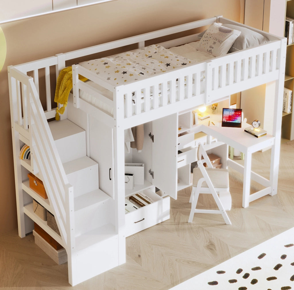 Letto a soppalco 90x200 cm con scrivania, armadio, cassetti e scaletta con contenitori, bianco, senza materasso