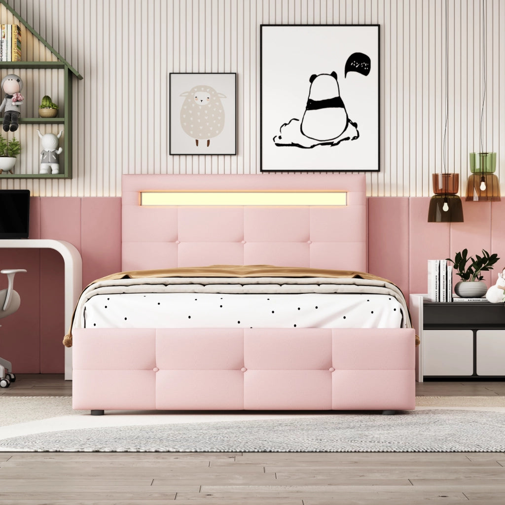 Letto con cassetti 90 × 200 cm con LED e testiera regolabile imbottito in legno rosa