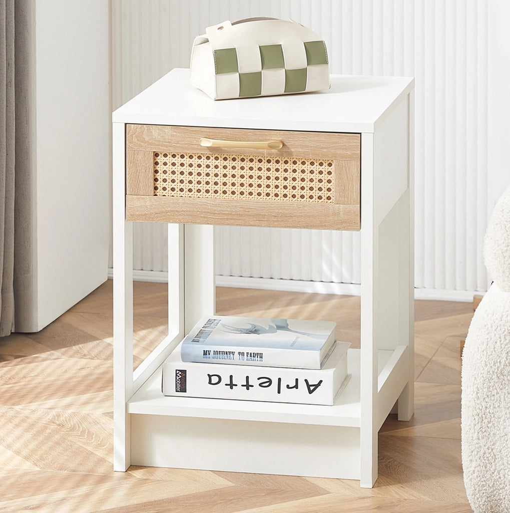 Comodino con cassetto 40x40x55 cm in MDF bianco e naturale effetto rattan