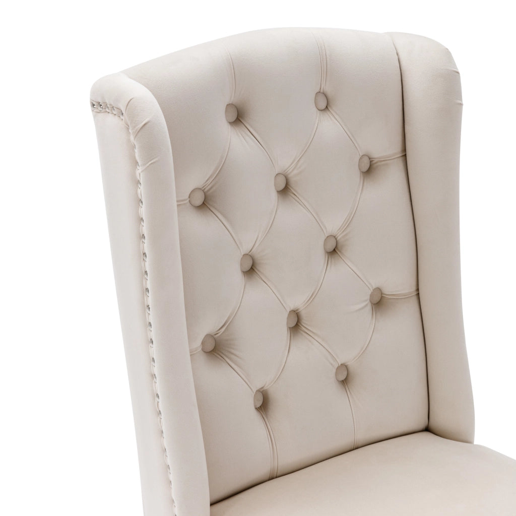 Sedie da pranzo set di 6 in velluto beige con gambe in rovere schienale capitonné borchie e maniglia cromata