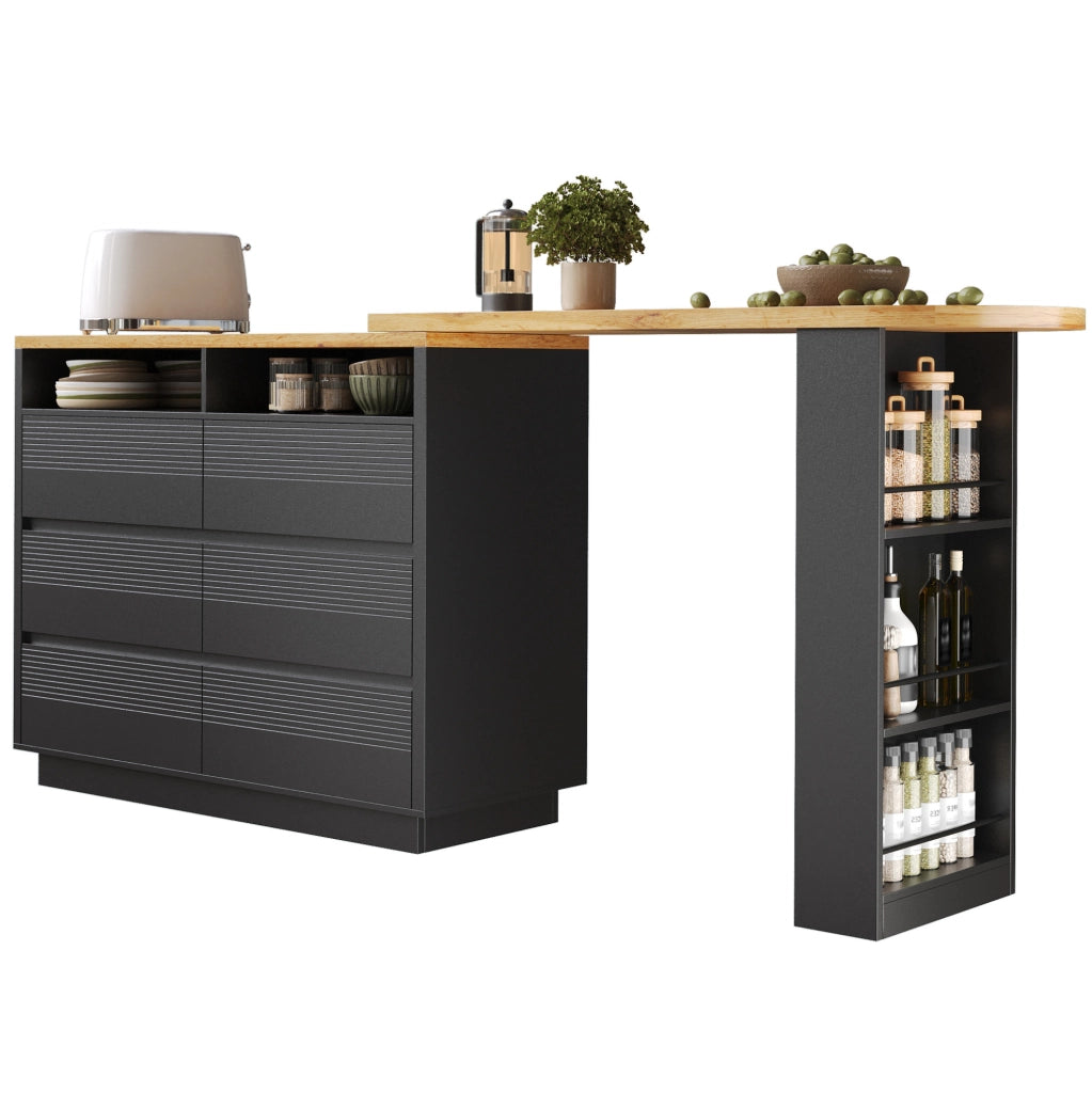 Tavolo bar estraibile con 6 cassetti e ruote, 137-215 cm in MDF nero per cucina e soggiorno