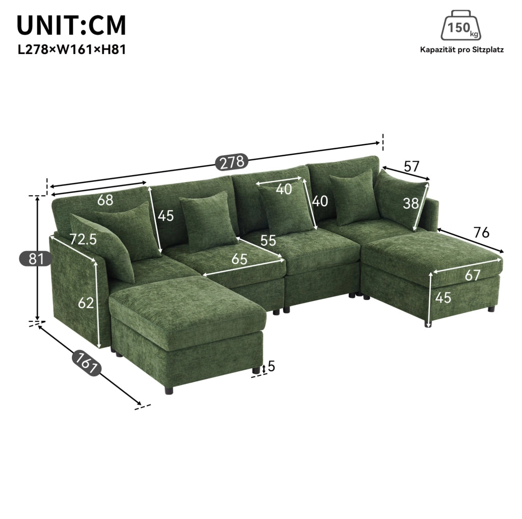 Divano modulare in tessuto Chenille con 2 pouf e 6 cuscini, trasformabile in forme a U e L, 278x161x81 cm, per soggiorno e appartamenti