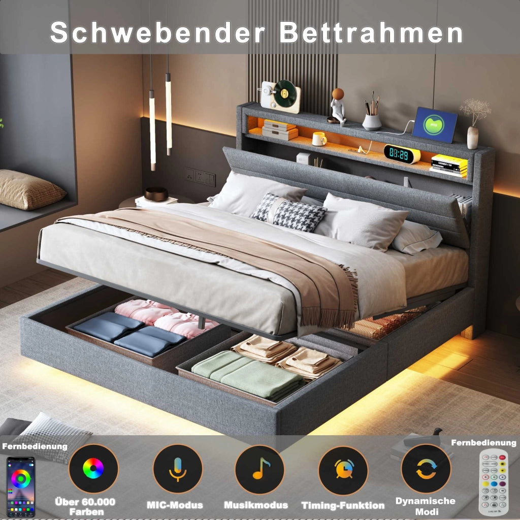 Letto contenitore grigio 160x200 cm in lino; effetto sospeso; LED; USB e testiera ribaltabile; senza materasso