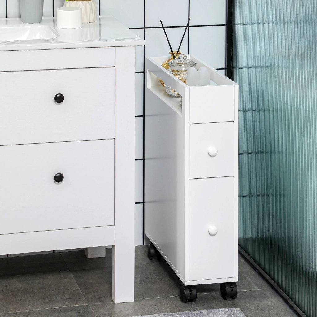 Mobile basso da bagno compatto con ruote; 2 cassetti e vano aperto in MDF bianco 16 × 49.5 × 66 cm