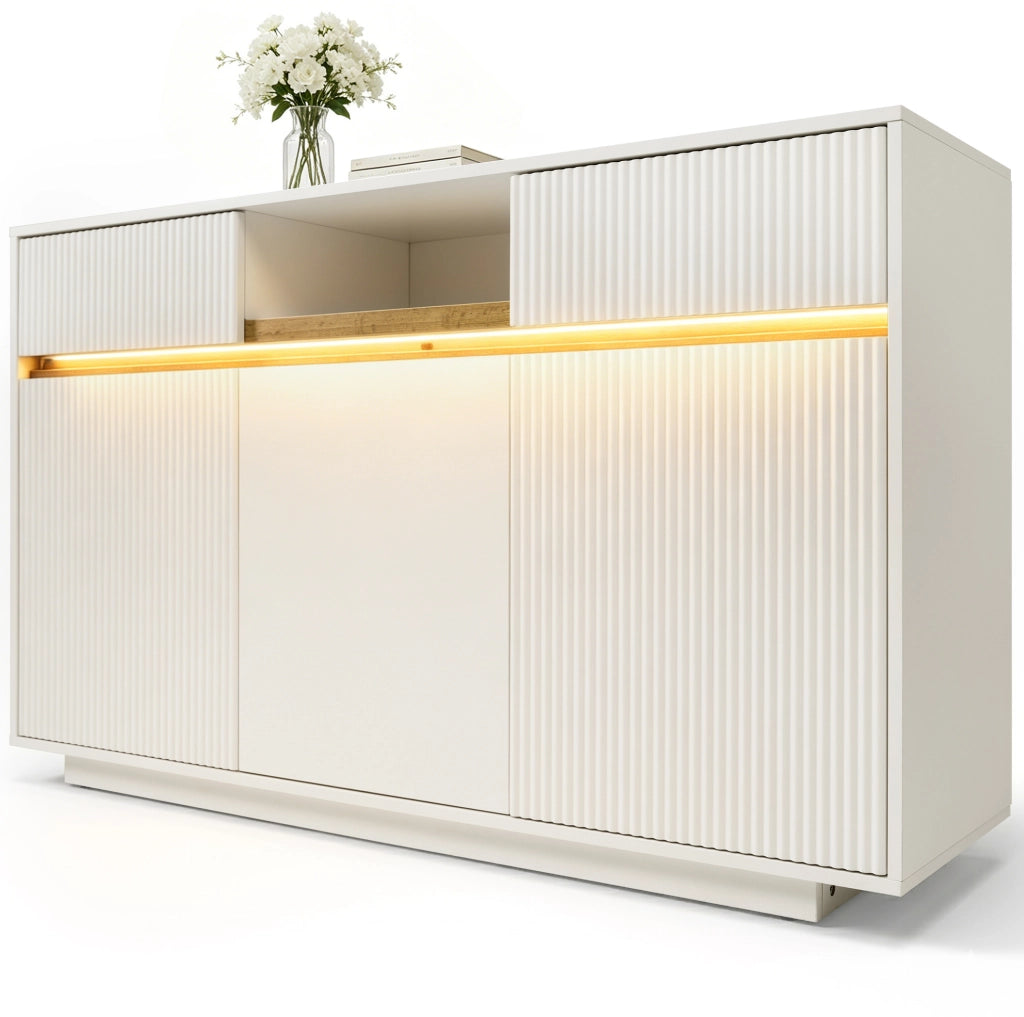 Sideboard LED bianco 140x40x85 cm con 2 cassetti e ripiani regolabili