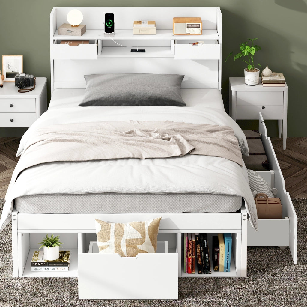 Letto singolo 90×200 cm con cassetti; armadio; USB e Type-C; rete inclusa; senza materasso; legno; bianco