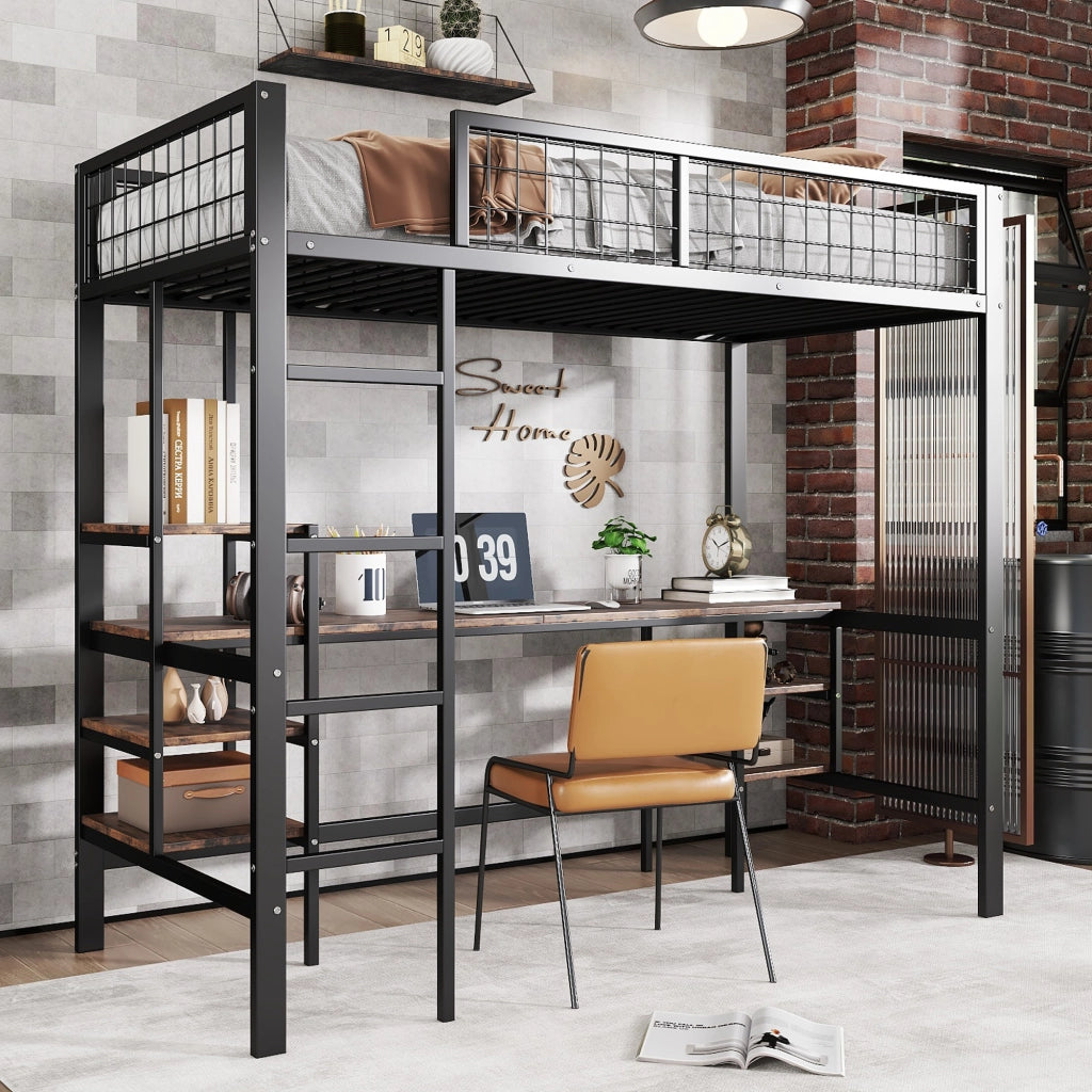 Letto a soppalco 90x200 cm con scrivania e scaffali; struttura in metallo nero e pannelli effetto legno scuro