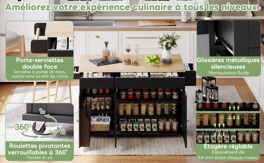Isola da Cucina con Piano di Lavoro Ribaltabile, Carrello Mobile con 6 Ruote Blocabili, 2 Cassetti Grandi, Scaffale Porta Stoviglie e Armadietto, Nero, 137 x 89,5 x 45 cm