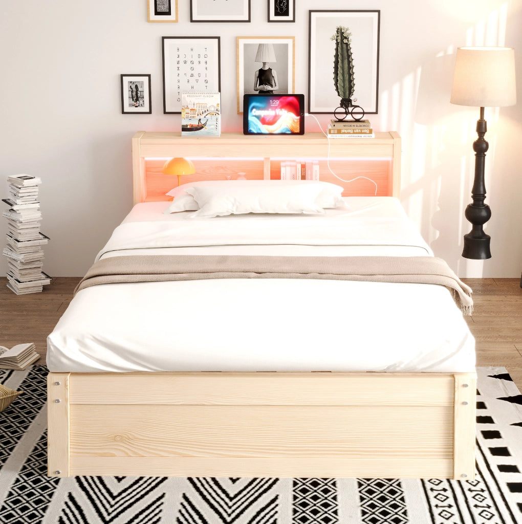 Letto singolo multifunzione in legno massello 90x200 cm con presa elettrica, LED colorati e contenitore idraulico