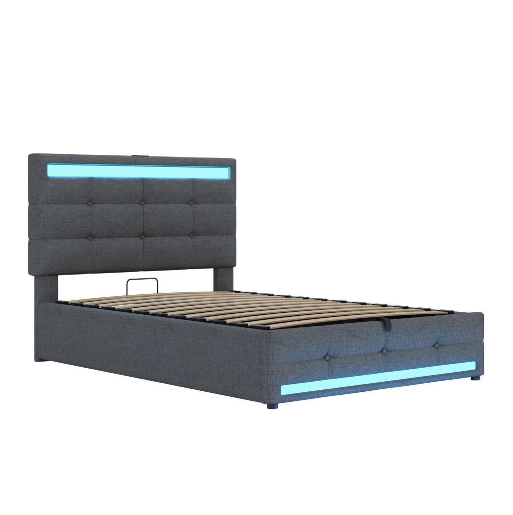 Letto imbottito LED con USB e contenitore visivo moderno