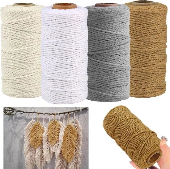 Pacco di corda macramè premium da 4 pezzi - 2 mm x 100 m - Corda di cotone per artigianato DIY - Decorazione per la stanza - Decorazione per il balcone - Decorazione per la camera da letto