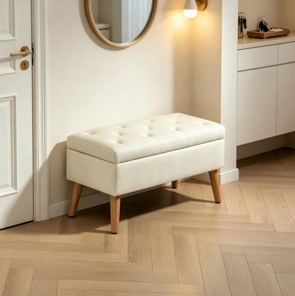 Panca contenitore imbottita in velluto crema con gambe in legno, 80x35x42 cm, capacità 120 kg