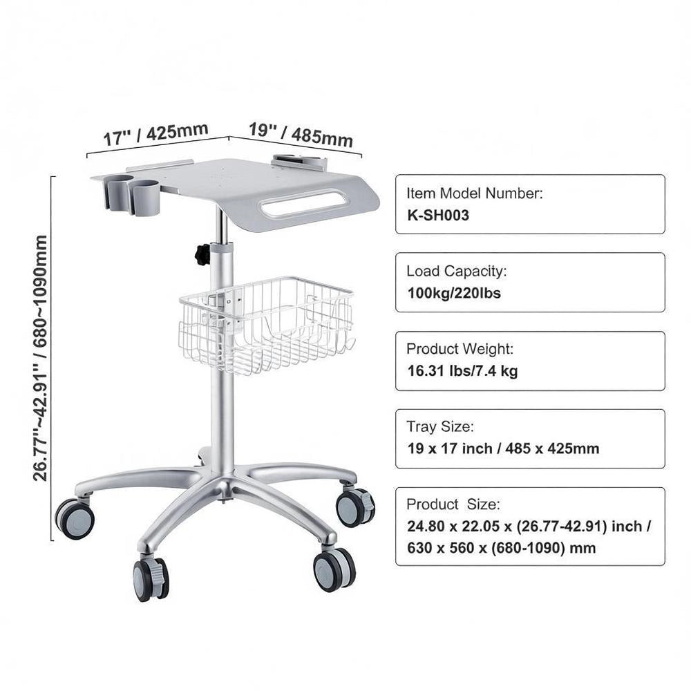 Medical Trolley, Salon Trolley With Wheels, Mobile Rolling Trolley 68-109 Cm Height Adjustable, Metal Salon Stations For Hairdressers, Rolling Desktop Laboratory Trolley For Clinic, Beauty And Salon