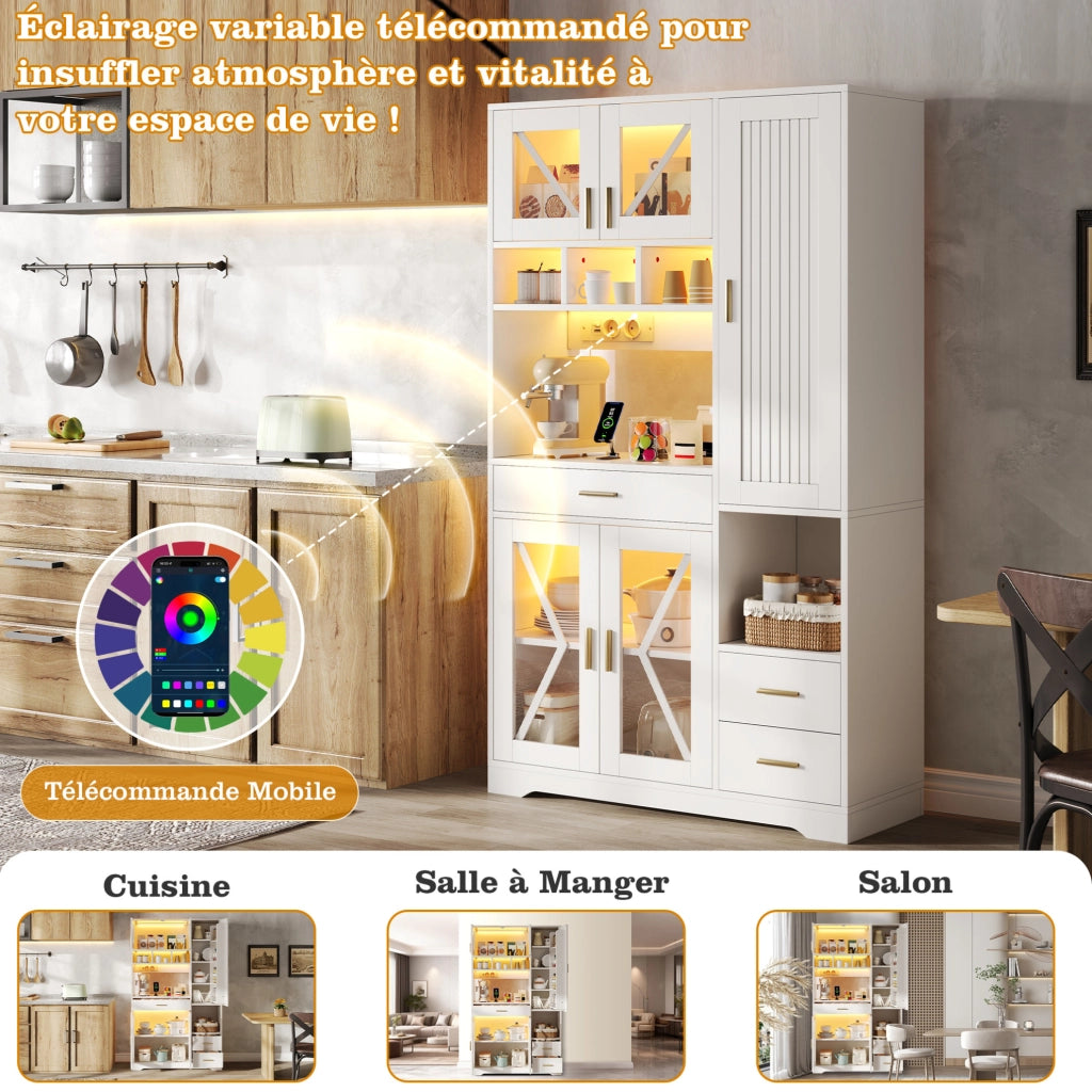 Credenza alta 105x40x185 cm con vetrina; LED multicolore e prese USB in MDF bianca