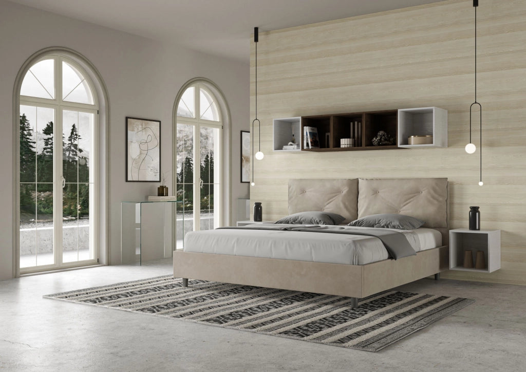 BS COM Letto matrimoniale king size con rete imbottito 190x210 microfibra sabbia Large