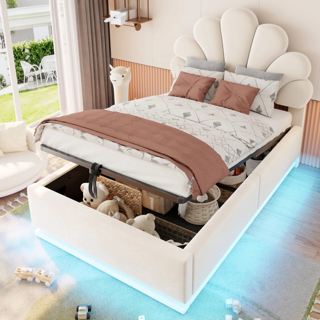 Letto contenitore 90 x 200 cm, testiera a fiore, contenitore idraulico, LED, velluto beige