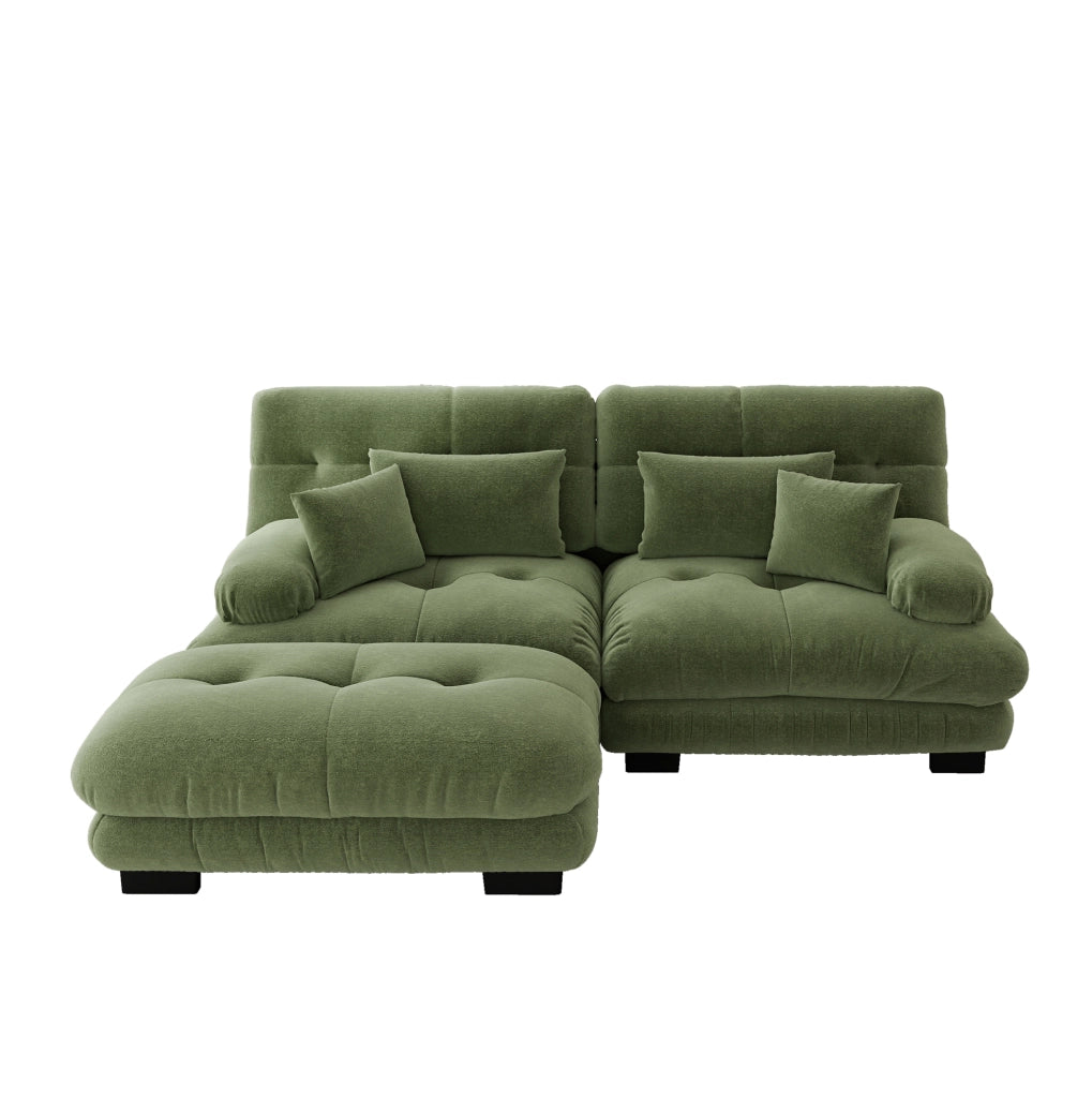 Divano modulare in ciniglia verde con pouf mobili e cuscini HOMVRA