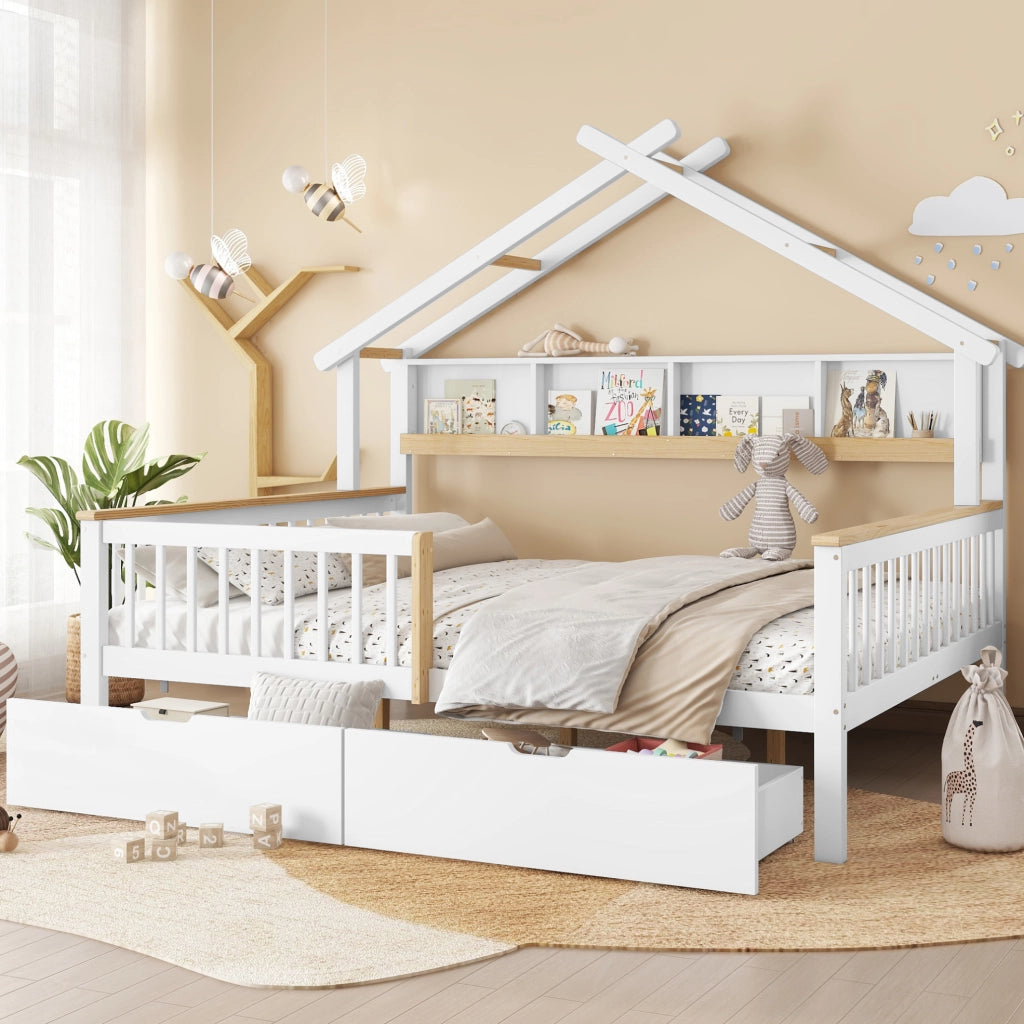 Letto per bambini a casetta con sponde, cassetti e spazio contenitore