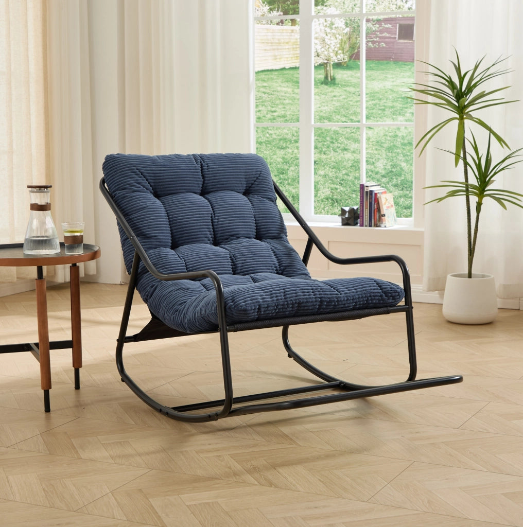 Sedia a Dondolo da Esterno con Cuscino Spesso e Morbido, Telaio Nero e Cuscino Blu Navy, 75x116x82 cm