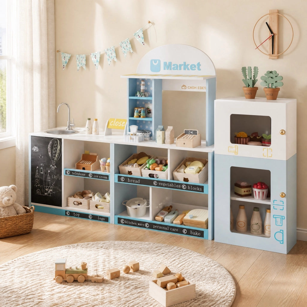 Negozio giocattolo multifunzionale per bambini con scaffali e lavagna; blu
