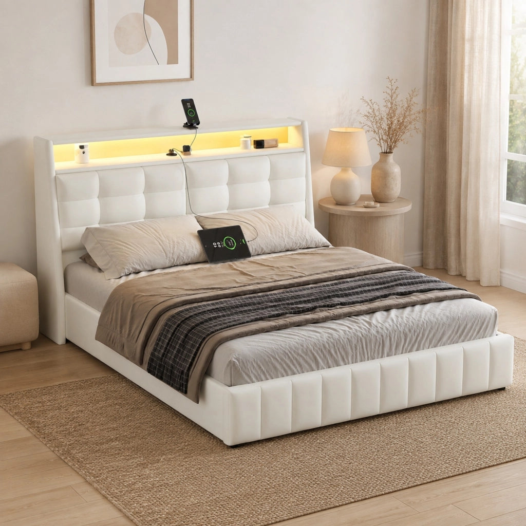 Letto contenitore 160 × 200 cm con LED a 7 colori USB testiera regolabile imbottita in PU MDF e compensato bianco