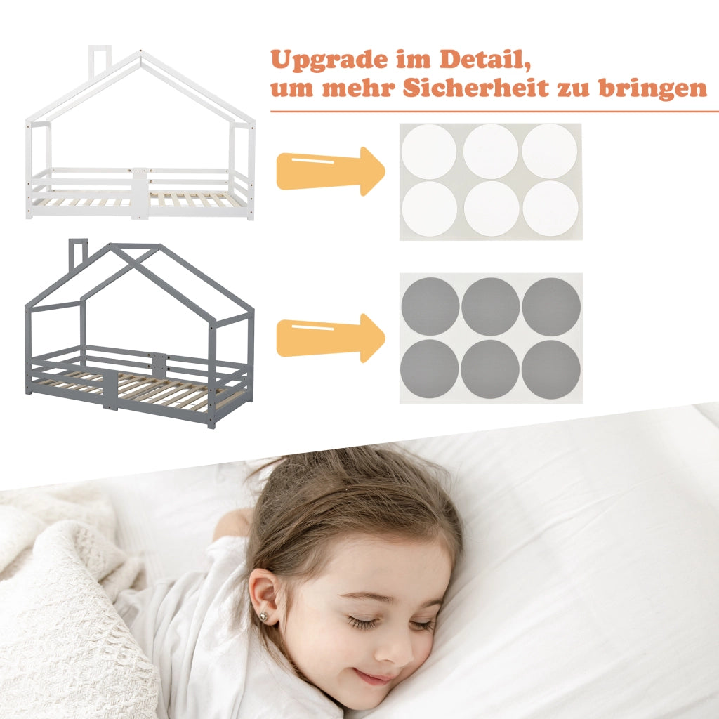 Letto a casetta 90 × 200 cm con protezione anticaduta e 15 doghe in legno grigio senza materasso