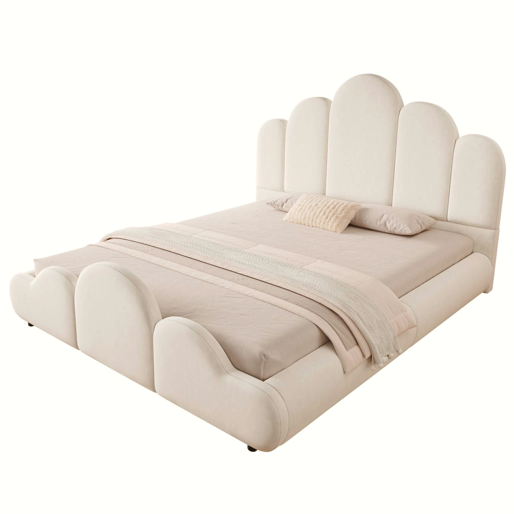Letto imbottito per bambini in velluto 140 x 200 cm, letto matrimoniale con testiera trapuntata, angoli arrotondati e rete a doghe, beige