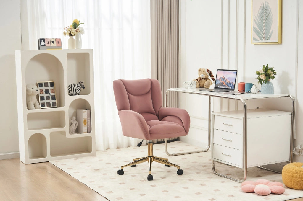 Sedia da ufficio regolabile in velluto rosa con base dorata e ruote girevoli 360°
