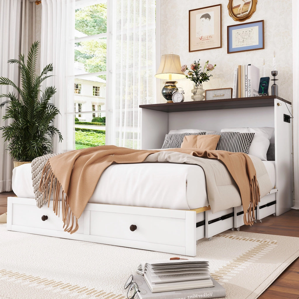 Letto matrimoniale trasformabile 140 × 200 cm con cassetto ripiano USB e presa in pino e MDF bianco