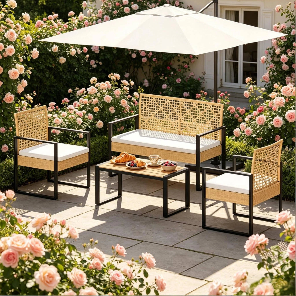 Set mobili da giardino modulari in rattan PE; 2 posti; 2 poltrone e tavolino; naturale