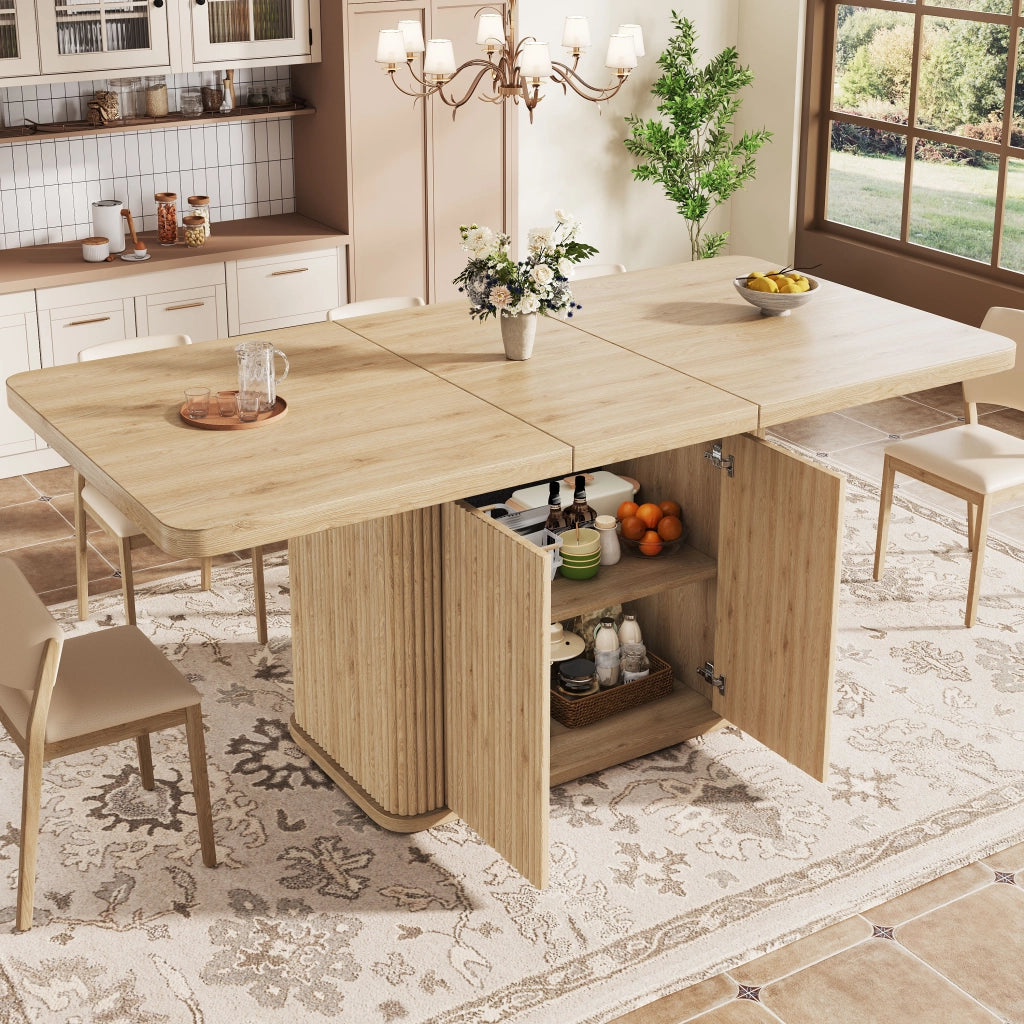 Tavolo da Pranzo Allungabile 140-180x80 cm con Vano Nascosto LEMONMAX; Ante Scanalate; Piedini Regolabili; MDF Effetto Legno Chiaro; H 76;5 cm