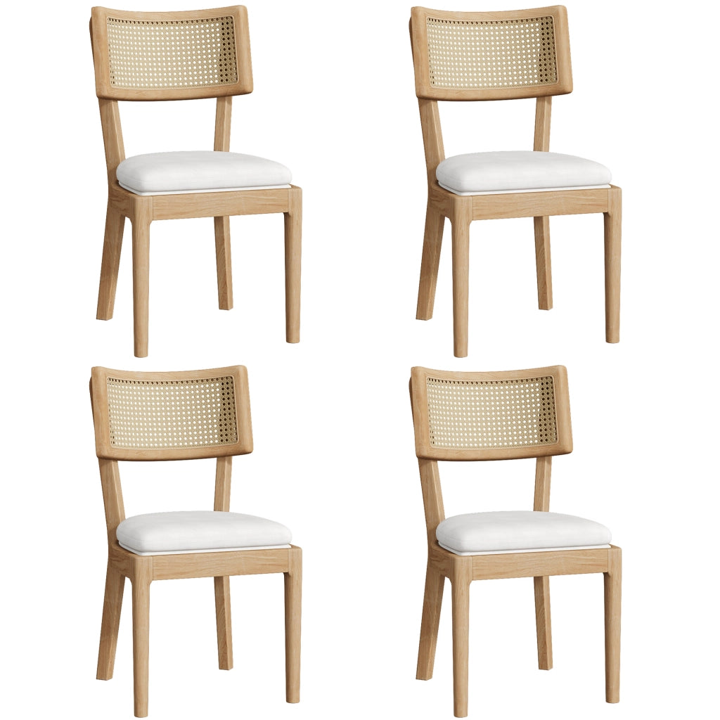 Sedia da Pranzo Set da 4 con Schienale in Rattan e Seduta Imbottita, in Legno Massello, Legno