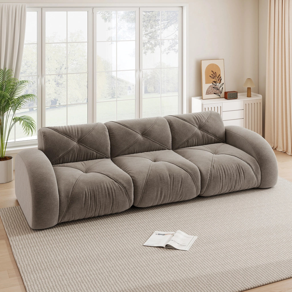 Divano modulare senza struttura interna in ciniglia taupe con schiuma 32D design basso 281 × 95 × 76 cm