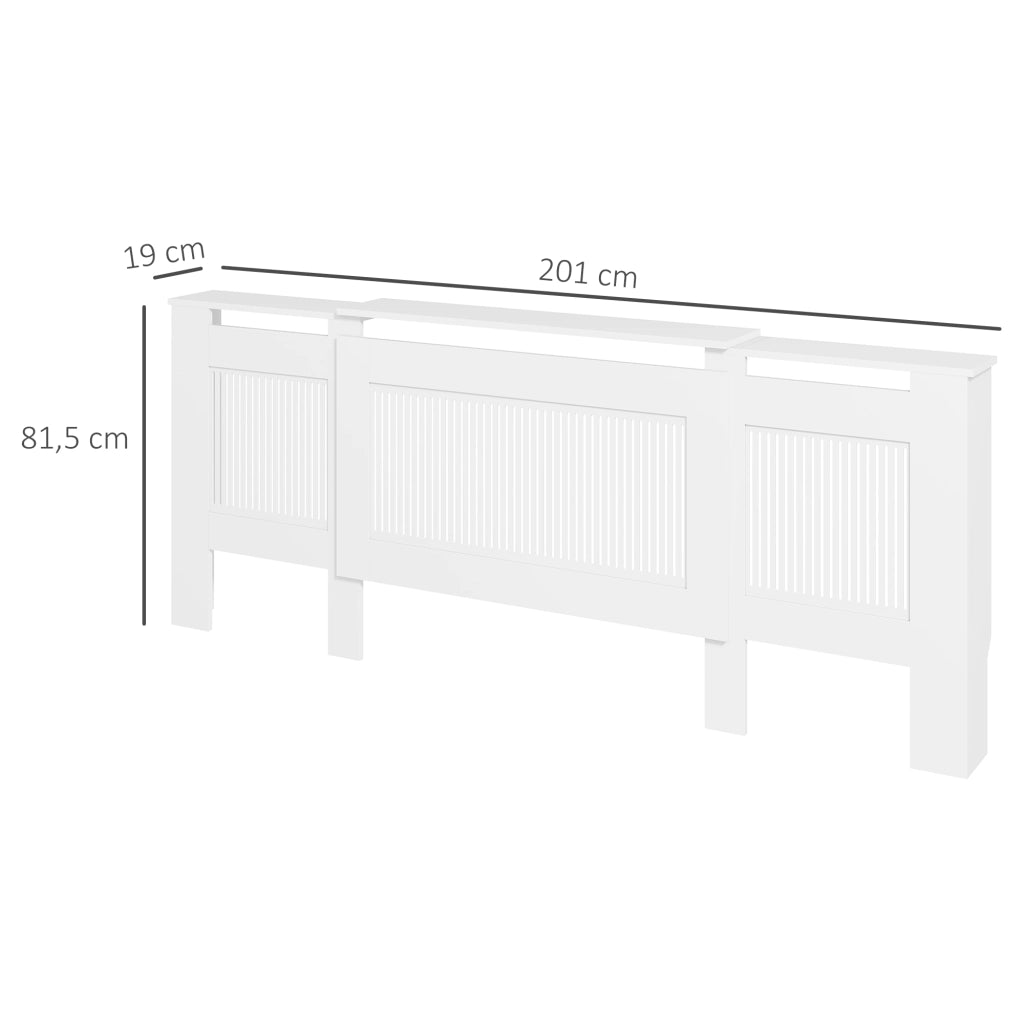 Mobile copritermosifone estensibile 125-201 cm in MDF bianco con design a doghe e ripiano per casa