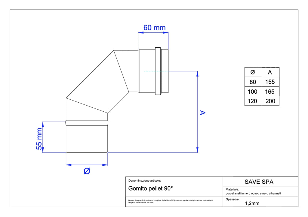GOMITO A 90  ° PER STUFE A PELLET 'LIGHT'  EE ? 80 mm - SAVE