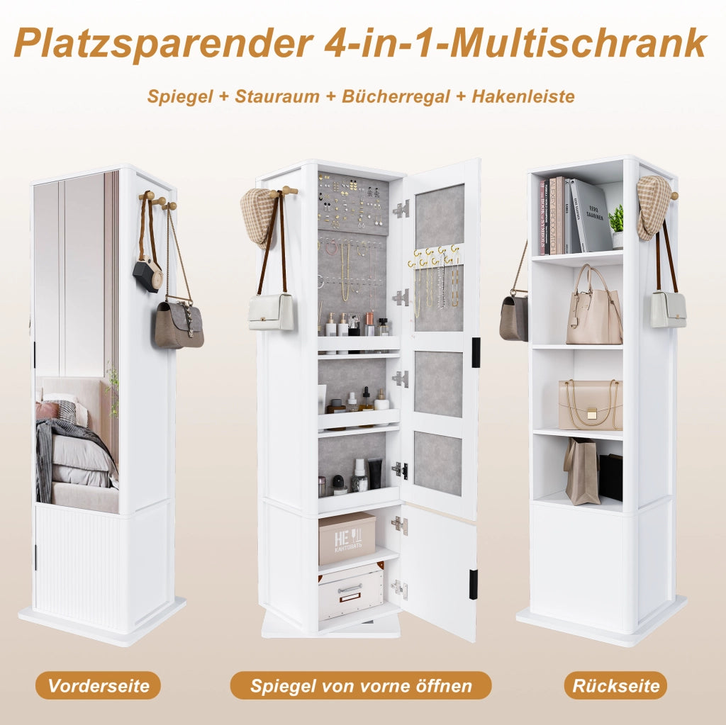 Mobile portagioie 4 in 1 girevole a 360° con specchio a figura intera; ripiani e 6 ganci; bianco