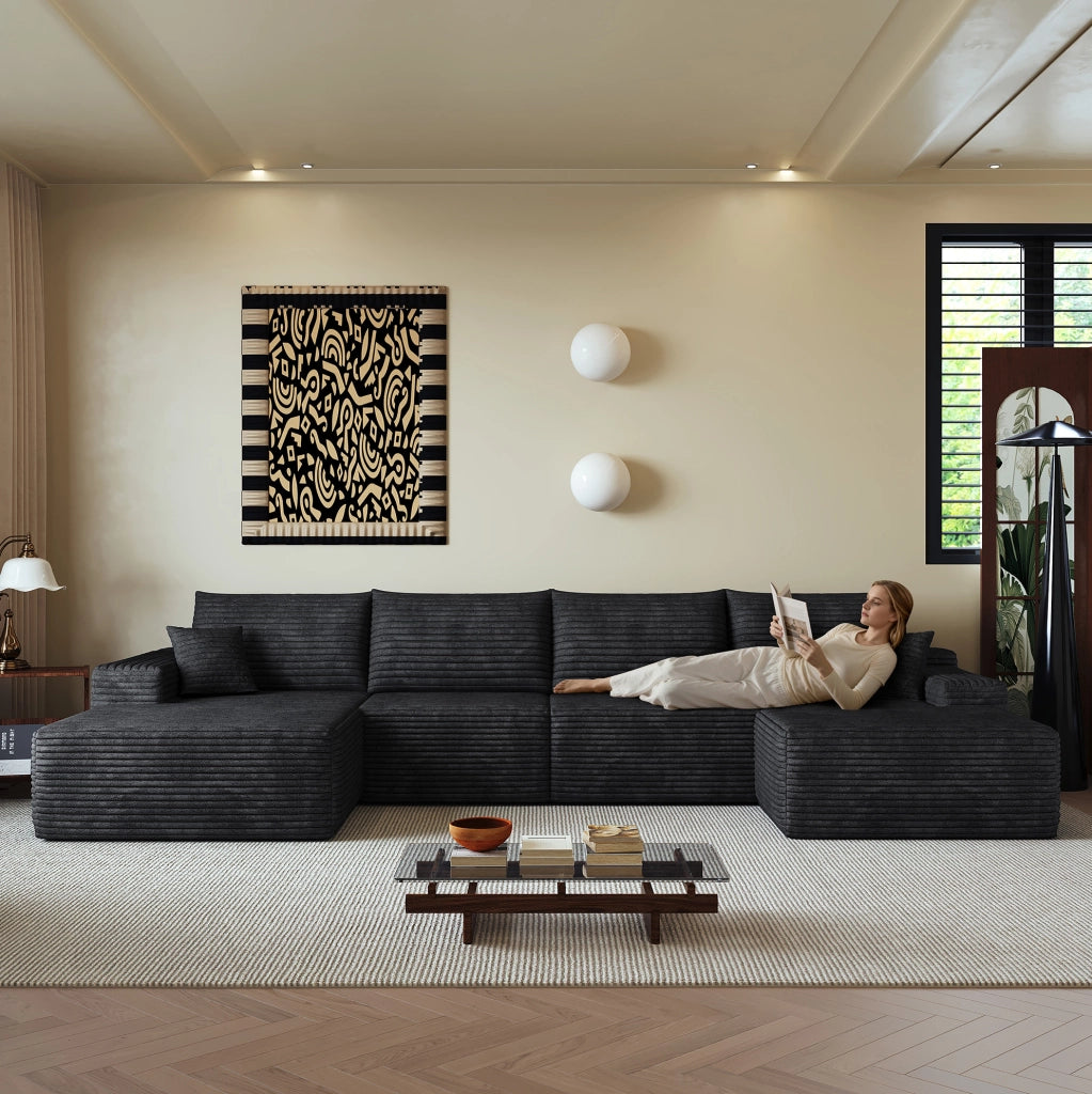 Divano angolare modulare 340 cm con chaise longue a L, tessuto di velluto a coste nero, senza montaggio richiesto
