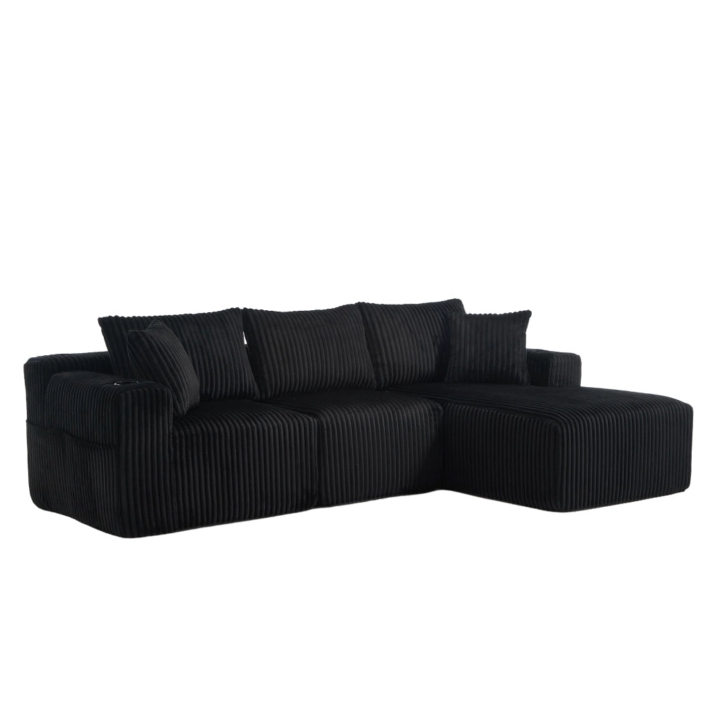 Divano modulare con chaise longue e 2 posti in velluto a coste nero con 5 cuscini