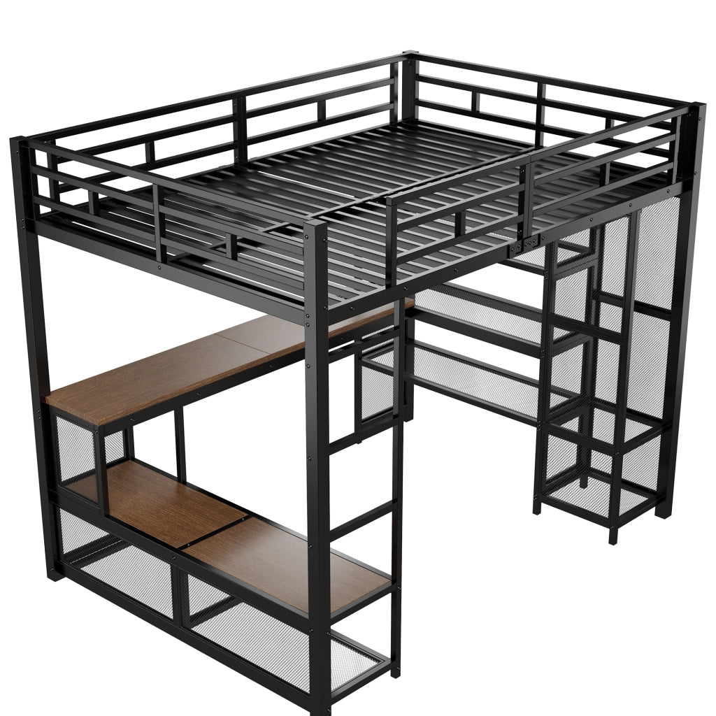 Letto a soppalco 140x200 in metallo nero con scrivania e luci LED