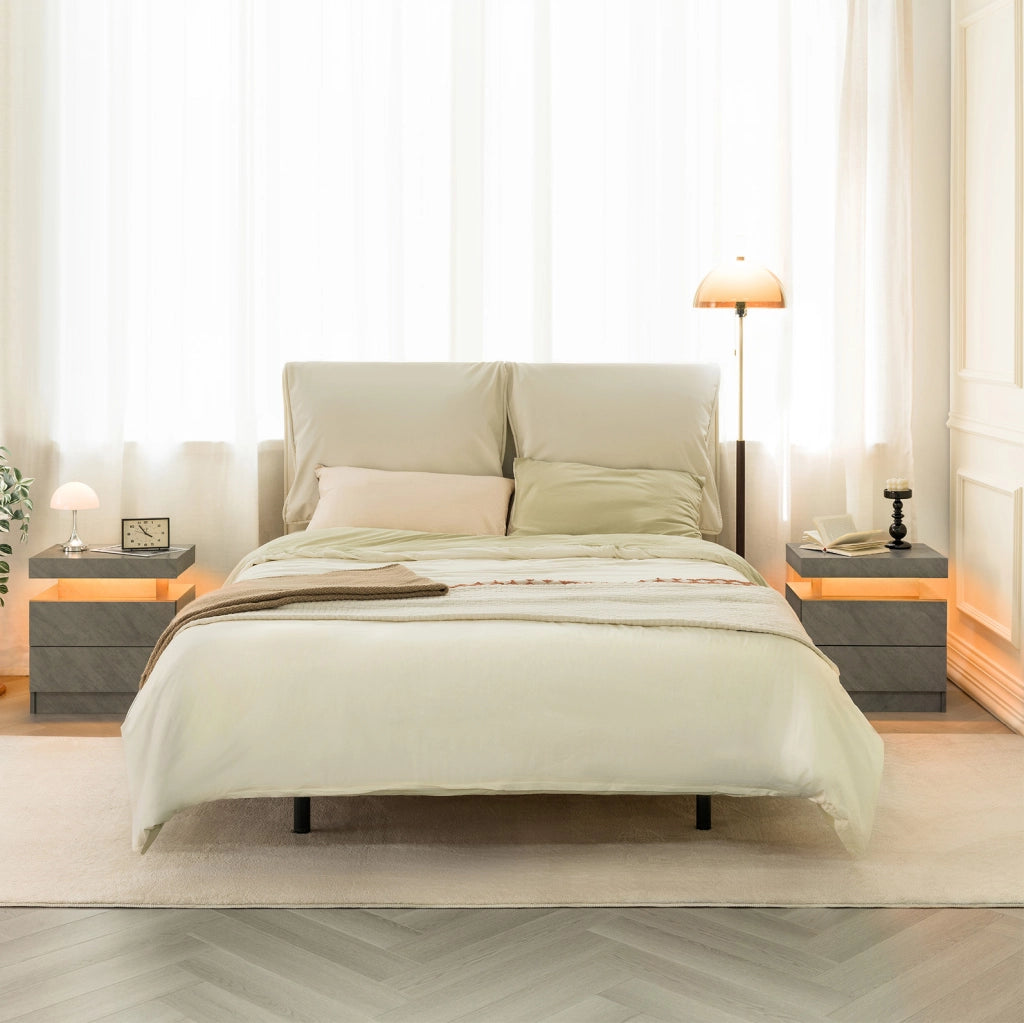 Comodino moderno con luci LED regolabili; 2 cassetti e vano a giorno in truciolare grigio scuro