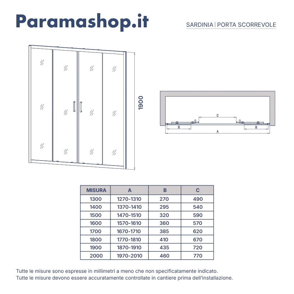 Porta doccia 190 cm due ante scorrevoli vetro 6mm trasparente | Sardinia