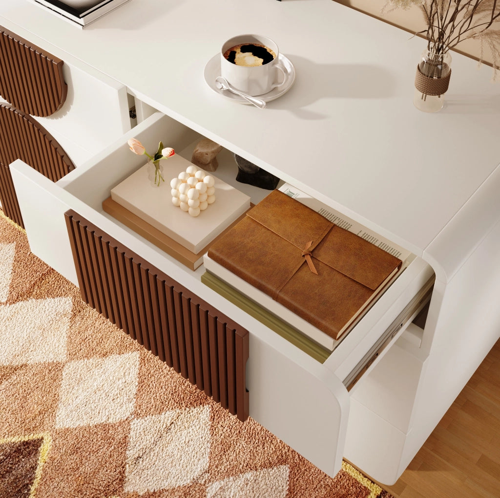 Cassettiera 6 cassetti 121x41x71 cm bianca in MDF e legno massello HOMVRA