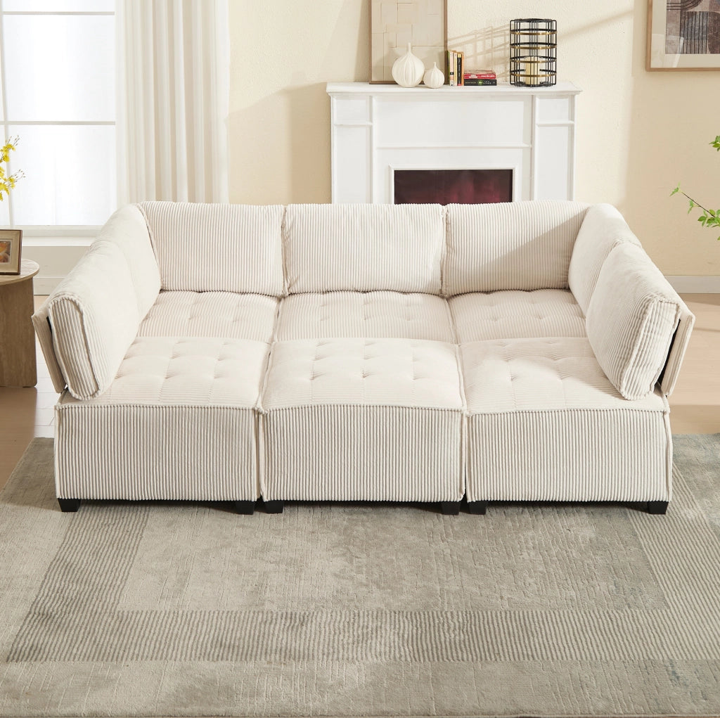 Divano modulare 6 posti in velluto a coste beige