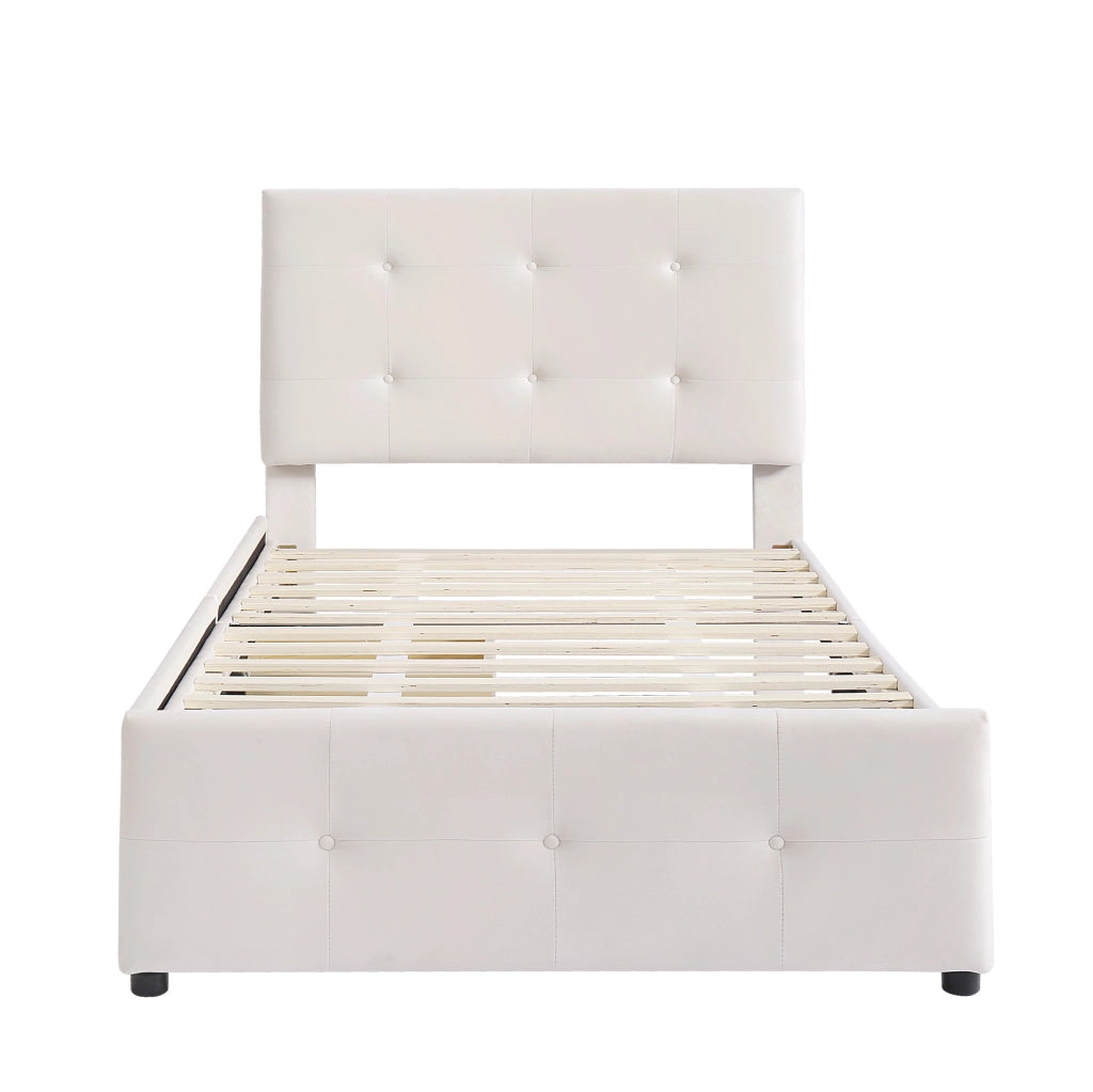 Letto imbottito 90 x 200 cm beige con rete a doghe e 2 cassetti, senza materasso