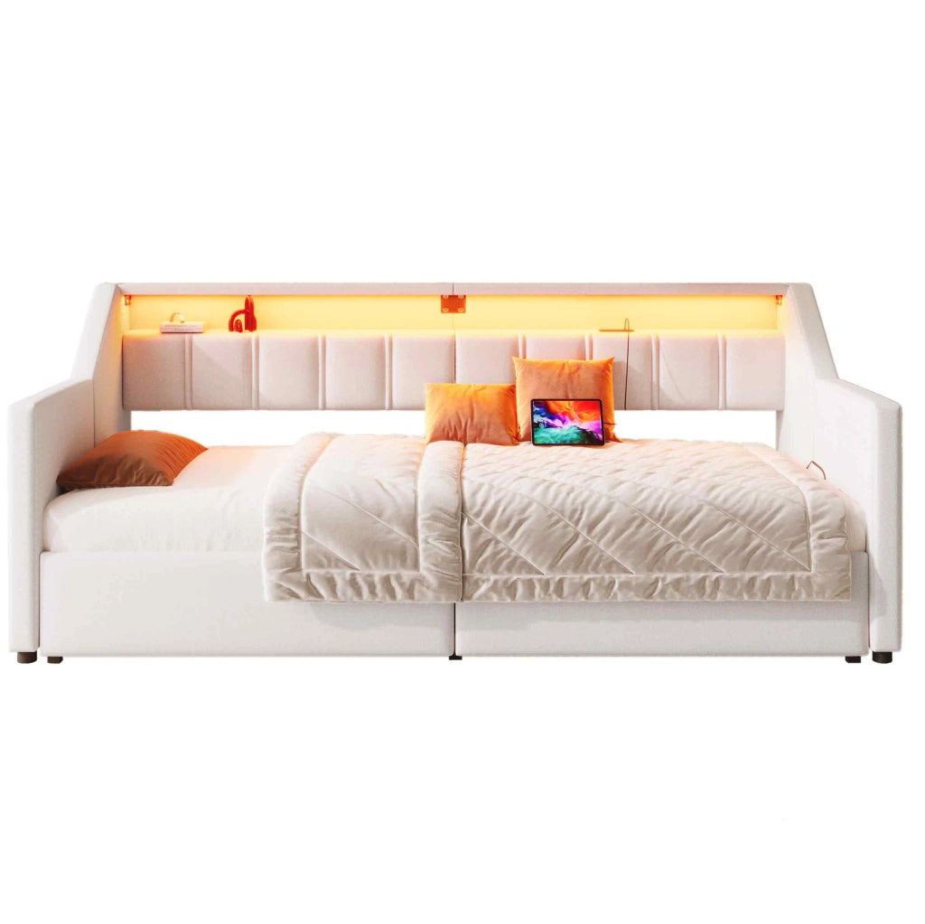 Letto daybed multifunzionale 90 x 200 cm con USB, Type-C, LED e 2 cassetti beige