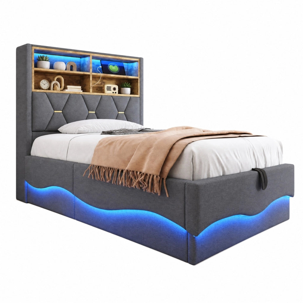 Letto contenitore 90 × 200 cm con sollevamento idraulico testiera LED USB rivestito in tessuto di lino grigio