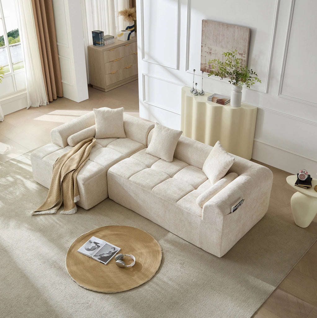 DIVANO Beige in Chenille con Imbottitura in Schiuma e Molle