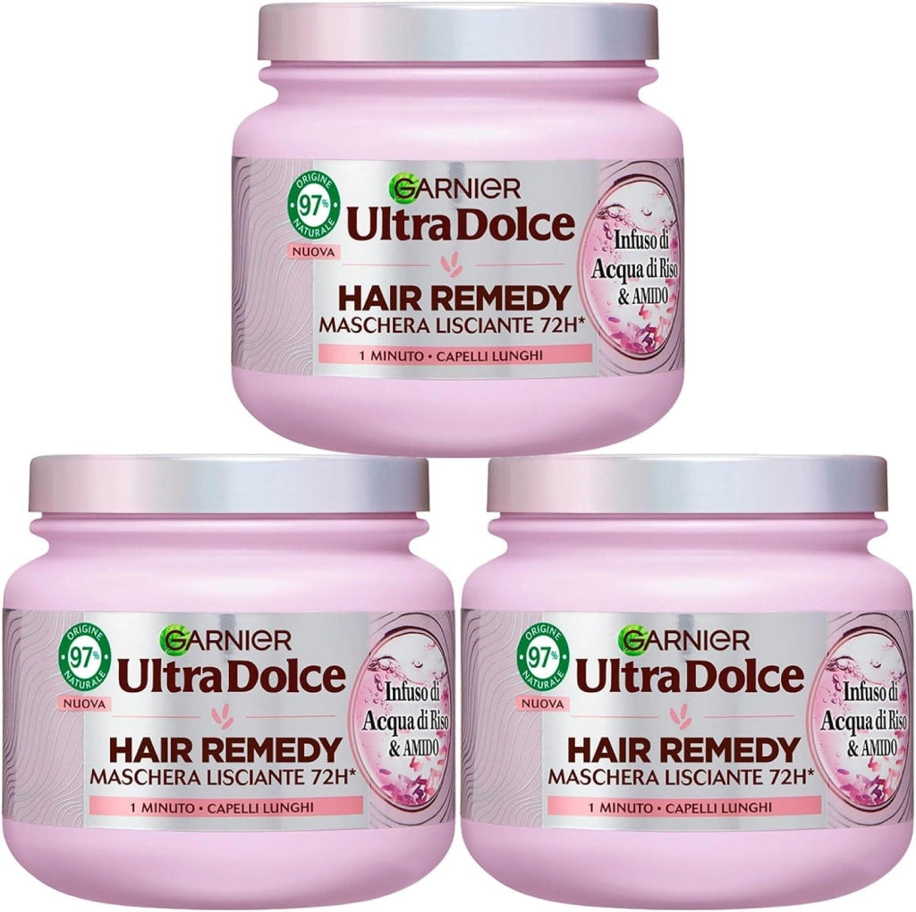 GARNIER ULTRA DOLCE 3 MASCHERE LISCIANTI PER CAPELLI LUNGHI EFFETTO ILLUMINANTE 1 MINUTO DI POSA CON  ACQUA DI RISO 340 ML