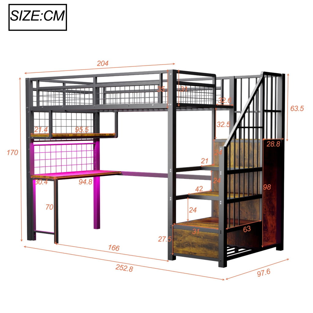 Letto a soppalco 90 × 200 cm con scrivania ripiani LED prese scala contenitore armadio in metallo nero