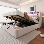 Letto contenitore 180 × 200 cm con testiera imbottita in velluto beige LED USB